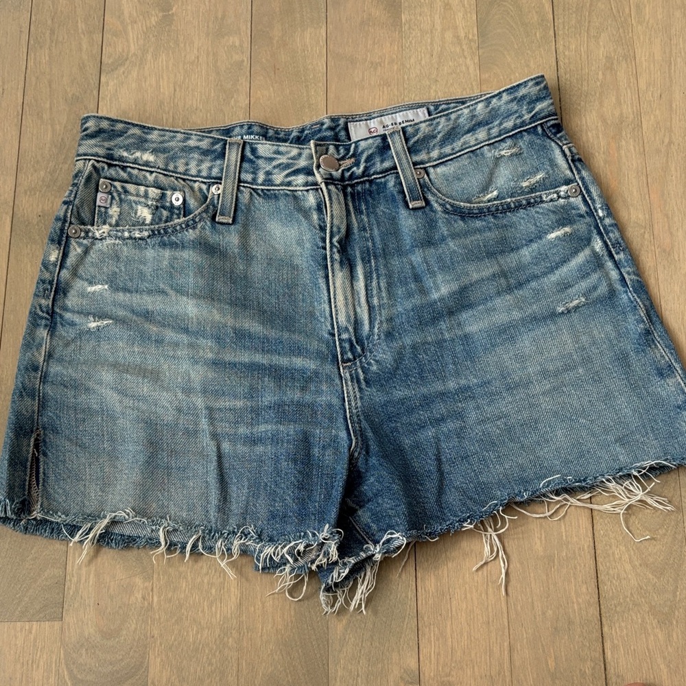 AG Adriano Goldschmied Distressed Mid-Blue Denim Shorts